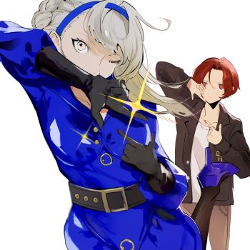 1boy 1girl belt belt_buckle black_belt black_gloves black_jacket black_pantyhose blue_dress blue_hairband brown_pants buckle closed_mouth commentary dress expressionless gloves grey_eyes grey_hair hairband high_heels highres jacket kamishiro_nagisa long_sleeves looking_at_viewer merope_(p5x) mina_(mina_st4r) one_eye_closed open_clothes open_jacket pants pantyhose persona persona_5 persona_5:_the_phantom_x red_eyes red_hair shirt short_hair simple_background standing standing_on_one_leg white_background white_shirt