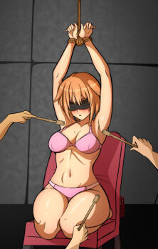 arms_up backscratcher bdsm bikini blindfold blonde_hair bondage bound bound_arms bra highres molestation panties pink_bikini pink_bra pink_panties poking restrained seikon_no_qwaser swimsuit teasing teresa_beria tickle_torture tickling tickling_armpits tickling_legs underwear underwear_only