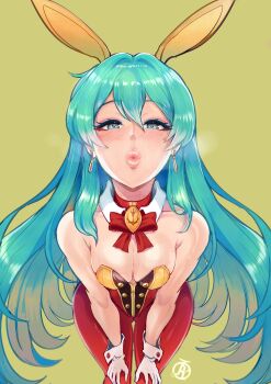 Rule 34 | 1girl, alternate costume, animal ears, aqua eyes, aqua hair, bare arms, bare shoulders, blowing kiss, blush, breasts, detached collar, earrings, eirika (fire emblem), facing viewer, fake animal ears, fire emblem, fire emblem: the sacred stones, gloves, gluteal fold, green background, hands on own knees, heavy breathing, highres, incoming kiss, jewelry, leaning forward, lips, long hair, neck ribbon, nintendo, pantyhose, playboy bunny, puckered lips, rabbit ears, red pantyhose, revolverwing, ribbon, simple background, small breasts, solo, tongue, very long hair, watermark, white gloves