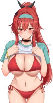 1girl aqua_hairband bikini black_choker blush breasts choker cleavage closed_mouth clothes_lift goddess_of_victory:_nikke hairband high_ponytail highres lifting_own_clothes navel ponytail rapi_(nikke) rapi_(red_hood)_(nikke) rapi_(red_hood)_(red_flavor)_(nikke) red_bikini red_eyes red_hair shirt_lift solo stomach surippa1010 swimsuit