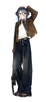 1girl absurdres arm_at_side arm_up black_hair black_hairband black_ribbon brown_jacket closed_mouth commentary_request denim firehippo full_body gangzi_(vtuber) hair_between_eyes hair_ribbon hairband hand_on_own_head highres holding jacket jeans korean_commentary long_bangs long_sleeves looking_at_viewer midriff navel open_clothes open_jacket pants ribbon shirt shoes short_hair_with_long_locks simple_background sleeves_past_wrists smile solo stellive virtual_youtuber white_background white_shirt