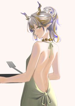 Rule 34 | 1girl, absurdres, alter sang, apron, arknights, armpit crease, back, beads, blonde streaks, commentary request, earrings, eyeliner, from behind, green apron, green eyes, grey background, grey hair, hair beads, hair intakes, hair ornament, highres, holding, holding pan, holding spatula, horns, jewelry, light blush, looking at viewer, makeup, multicolored hair, naked apron, open mouth, pointy ears, purple streaks, red eyeliner, red pupils, shu (arknights), sidelighting, sideways glance, simple background, solo, spatula, streaked hair, turning head, updo, upper body, yellow horns