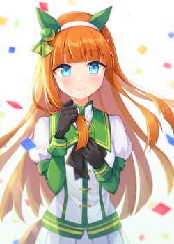 1girl black_bow black_bowtie black_gloves blue_eyes blunt_bangs blunt_ends bow bowtie closed_mouth collared_shirt commentary_request confetti cowboy_shot ear_ornament earrings gloves hairband highres holding holding_own_hair horse_girl jewelry long_hair long_sleeves looking_at_viewer midori_miyako orange_hair pleated_skirt puffy_sleeves shirt silence_suzuka_(innocent_silence)_(umamusume) silence_suzuka_(umamusume) simple_background skirt smile solo umamusume white_background white_hairband white_shirt white_skirt