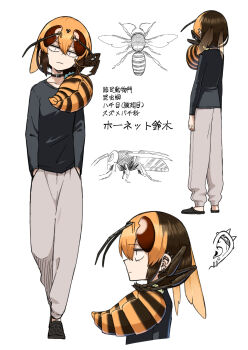 1girl antennae arthropod_girl bug choker ear_piercing evolvingmonkey full_body hands_in_pockets highres hornet_girl hornet_suzuki original piercing sanpaku translated wasp wasp_girl white_background