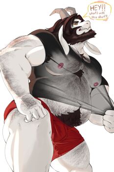 1boy arm_hair asgore_dreemurr bara bare_pectorals beard belly biceps black_hair boxers chest_hair clenched_teeth commentary english_commentary english_text facial_hair fat floppy_ears furry furry_male goat_horns highres horns leg_hair looking_at_viewer looking_down male_focus male_underwear navel nipples oxytank pectorals plump red_eyes red_male_underwear speech_bubble stomach_hair teeth underfell undertale underwear utdr_(toby_fox) white_background white_fur