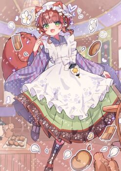 Rule 34 | 1girl, :d, animal ear fluff, animal ears, blunt bangs, blush, boots, brown boots, character request, commentary request, commission, copyright request, ears through headwear, full body, green eyes, green hakama, hakama, hakama skirt, hand up, hat, japanese clothes, kimono, lace-up boots, long sleeves, mob cap, open mouth, purple kimono, red hair, short hair, skeb commission, skirt, smile, solo, standing, standing on one leg, tail, tsukumi bis, white hat, wide sleeves