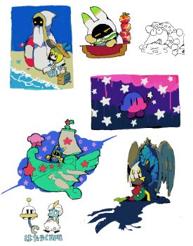 beach blonde_hair genie hat highres hyness innertube kirby kirby's_return_to_dream_land kirby_star_allies kirby_(series) kirby_&amp;_the_amazing_mirror kirby_super_star lor_starcutter magolor marx_(kirby) mirror multiple_views nintendo ship soumenhiyamugi sun_hat swim_ring taranza ufo ufo_(kirby) water watercraft zan_partizanne