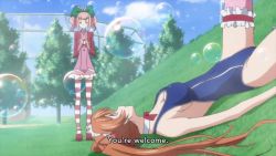 2girls animated anime_screenshot anya_alstreim blue_one-piece_swimsuit breasts brown_eyes brown_hair bubble cleavage code_geass covered_navel dress green_ribbon hair_ribbon highres jacket large_breasts maid_headdress multiple_girls on_floor one-piece_swimsuit outdoors pink_dress pink_thighhighs red_jacket red_ribbon ribbon school_swimsuit shirley_fenette sideboob sidelocks sound striped_clothes striped_thighhighs subtitled swimsuit tagme thigh_strap thighhighs thighs twintails video white_thighhighs zettai_ryouiki