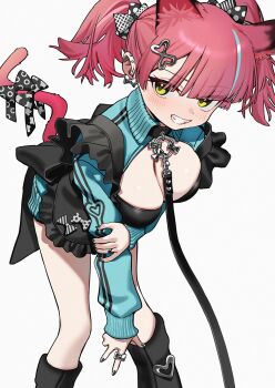 1girl animal_ear_fluff animal_ears black_nails blunt_bangs blush bow breasts cat_ears cat_girl cat_tail cleavage commentary cowboy_shot earrings fang frills green_eyes grin hair_bow hair_ornament highres jewelry leash looking_at_viewer luicent medium_breasts medium_hair original pink_hair ring simple_background smile solo symbol-only_commentary tail tail_bow tail_ornament teeth twintails white_background yellow_eyes