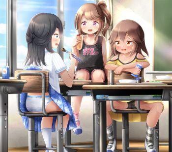 3girls ass black_hair black_panties black_shirt black_shorts blue_eyes blue_skirt blush book bowl bread brown_eyes brown_hair chair chalkboard chopsticks classroom clothes_lift clothes_writing cloud collarbone crossed_arms desk dress drink drink_carton drinking_straw flat_chest floral_print food from_behind grey_socks hair_bun heart heart_print highres holding holding_chopsticks holding_drink holding_food holding_milk_carton lettuce light_rays loli long_hair meat milk milk_carton multiple_girls on_windowsill open_mouth original panties panty_peek pencil_case pink_eyes pink_panties pink_socks plate polka_dot polka_dot_panties ponytail print_panties print_skirt print_socks renati_(renatium) shirt shoes short_hair short_sleeves shorts side_bun side_ponytail sitting skirt skirt_lift sky smile socks spread_legs striped_clothes striped_panties striped_shirt striped_socks sunbeam sunlight tan tank_top tanline tomato tray underwear uwabaki white_panties white_shirt white_shoes white_socks window yellow_dress