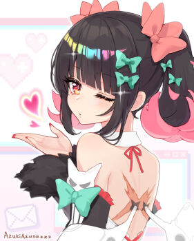 1girl artist_name azusa_(980650076) backless_dress backless_outfit bare_shoulders black_hair blowing_kiss blunt_bangs blush bow chinese_commentary commentary_request detached_sleeves dress english_text from_behind fur_trim green_bow hair_bow heart long_sleeves looking_at_viewer looking_back multicolored_hair nail_polish nangong_yu one_eye_closed pink_hair red_eyes red_nails scar sidelocks solo twintails twitter_username upper_body virtual_youtuber zenless_zone_zero