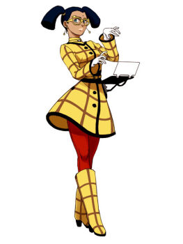 1girl bindi black_hair blue_eyes boots character_request computer dark-skinned_female dark_skin dress earrings female_focus glasses gundam jewelry knee_boots laptop lipstick makeup pantyhose plaid red_pantyhose short_twintails sirocco solo turn_a_gundam twintails