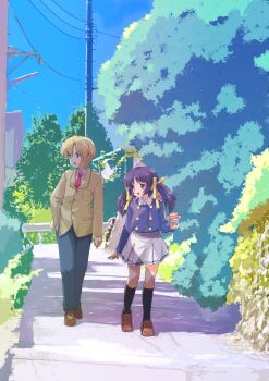 Rule 34 | 1boy, 1girl, :d, absurdres, akayama yukihe, arm at side, black socks, blonde hair, blue eyes, blue hair, blue jacket, blue sky, brother and sister, brown eyes, brown footwear, clannad, commentary request, day, food, hair ribbon, hand in pocket, hand up, highres, hikarizaka private high school uniform, holding, holding food, jacket, kneehighs, light blush, loafers, long hair, long ribbon, long sleeves, looking to the side, miniskirt, necktie, open mouth, outdoors, parted bangs, red necktie, ribbon, road, school uniform, shoes, short hair, siblings, sidelighting, skirt, sky, smile, socks, standing, sunohara mei, sunohara youhei, twintails, v-shaped eyebrows, white skirt, wide shot, yellow jacket, yellow ribbon