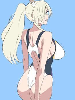 1girl animal_ear_fluff animal_ears ass blonde_hair blue_archive blue_eyes blue_halo breasts competition_swimsuit covered_navel dog_ears dog_girl extra_ears from_behind hair_over_one_eye halo highleg highleg_one-piece_swimsuit highres kagemusha kanna_(blue_archive) kanna_(swimsuit)_(blue_archive) large_breasts long_hair looking_at_viewer official_alternate_costume one-piece_swimsuit one-piece_thong ponytail racerback solo swimsuit white_one-piece_swimsuit