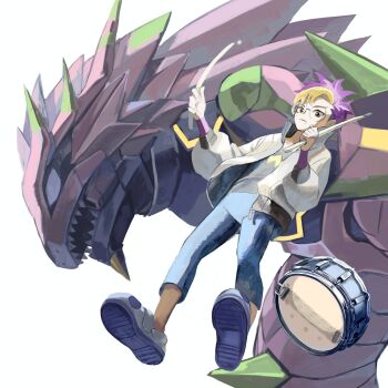 Rule 34 | 1boy, absurdres, armalizamon, armor, black shirt, blonde hair, blue pants, commentary, digimon, digimon (creature), digimon beatbreak, drumsticks, full body, glasses, highres, holding, holding drumsticks, jacket, level-00, lizard, male focus, multicolored hair, pants, pink armor, purple hair, round eyewear, sharp teeth, shirt, simple background, teeth, tenma tomoro, two-tone hair, untranslatable commentary, white background, white jacket