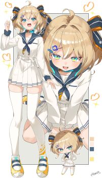1girl :d :t absurdres ahoge appare_hinata belt belt_collar between_legs blonde_hair blue_collar blue_neckerchief blue_sailor_collar blue_wrist_cuffs breasts chibi chuuren_poutou collar commentary from_above from_below full_body gradient_eyes hair_ornament hair_ribbon hairclip hand_between_legs hand_up hands_on_own_hips heart highres jacket long_sleeves looking_at_viewer medium_breasts medium_hair miniskirt multicolored_eyes multicolored_hair multiple_views neckerchief nema_029 open_mouth pleated_skirt ribbon sailor_collar shirt shoes simple_background sitting skirt smile smug standing star_(symbol) symbol-only_commentary teeth thighhighs tongue upper_teeth_only virtual_youtuber wariza weather_planet white_background white_belt white_shirt white_skirt white_thighhighs wrist_cuffs yellow_eyes yellow_shoes zettai_ryouiki