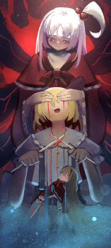 2girls absurdres alice_margatroid alice_margatroid_(pc-98) artist_request blood blood_on_hands bloody_tears blue_bow blue_skirt bow capelet commentary_request covering_another&#039;s_eyes doll_joints dress facing_viewer film_grain frilled_capelet frilled_sleeves frills hair_bobbles hair_bow hair_intakes hair_ornament half-closed_eye highres holding holding_needle joints knitting_needle light light_particles light_smile long_hair long_sleeves looking_at_another looking_down looking_up morino_hon_(style) multiple_girls multiple_wings needle one_eye_closed open_mouth puppet_strings red_bow red_capelet red_dress red_eyes shanghai_doll shinki_(touhou) shirt side_ponytail sidelocks skirt smile standing suspender_skirt suspenders torn_clothes torn_dress touhou turtleneck very_long_hair white_hair white_shirt wide_sleeves wings yarn yarn_ball