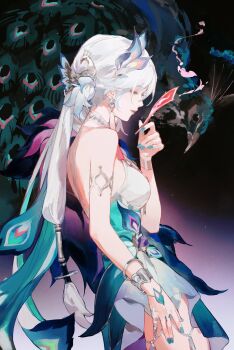 Rule 34 | 1girl, aqua dress, aqua nails, backless dress, backless outfit, bare shoulders, bird, black background, breasts, dress, from side, highres, holding, holding ofuda, honkai: star rail, honkai (series), long hair, medium breasts, ofuda, peacock, peacock feathers, solo, white hair, yao guang (honkai: star rail), yueko (jiayue wu)