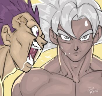 2boys absurdres anger_vein commentary crazy_eyes dragon_ball dragon_ball_super drooling english_commentary frown grey_eyes grey_hair highres koralldiz male_focus multiple_boys muscular muscular_male open_mouth purple_eyes purple_hair saliva serious shouting smile solo son_goku spitting sweatdrop ultra_ego_(dragon_ball) ultra_instinct vegeta