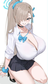 1girl absurdres arm_support asuna_(blue_archive) asuna_(school_uniform)_(blue_archive) bine_kun black_choker black_skirt blonde_hair blue_archive blue_bow blue_bowtie blue_eyes blue_halo blue_ribbon blue_scrunchie bow bowtie breasts choker cleavage collarbone collared_shirt commentary english_commentary hair_between_eyes hair_intakes hair_over_one_eye hair_ribbon halo highres large_breasts legs long_hair looking_at_viewer miniskirt mole mole_on_breast official_alternate_costume parted_lips pleated_skirt ponytail ribbon school_uniform scrunchie shirt shirt_tucked_in sidelocks simple_background skirt smile solo squatting thighs three-quarter_sleeves very_long_hair white_background white_shirt