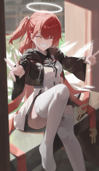 1girl :d ^_^ absurdres arknights black_jacket blurry closed_eyes crop_top cropped_jacket double_v earrings exusiai_(arknights) exusiai_the_new_covenant_(arknights) facing_viewer foot_out_of_frame grin hair_between_eyes halo happy highres hood hood_down hooded_jacket jacket jewelry knee_up long_sleeves medium_hair one_side_up open_mouth outstretched_arms red_hair sitting smile solo thighhighs traditional_halo v white_halo white_thighhighs yorei_8338