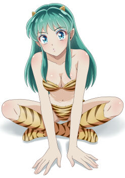 1girl animal_print bikini blue_eyes breasts cleavage commentary_request cone_horns green_hair highres horns indian_style long_hair lum medium_breasts print_bikini print_boots sidelocks simple_background sitting small_horns solo strapless strapless_bikini striped_horns swimsuit takinomori_momiji tiger_print urusei_yatsura wariza white_background yellow_bikini yellow_horns