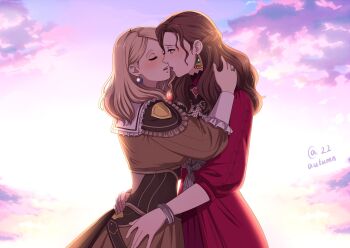 2girls autumn-sacura blonde_hair brown_dress brown_hair commission dorothea_arnault dorothea_arnault_(timeskip) dress earrings fire_emblem fire_emblem:_three_houses highres imminent_kiss jewelry mercedes_von_martritz mercedes_von_martritz_(timeskip) multiple_girls nintendo red_dress upper_body yuri