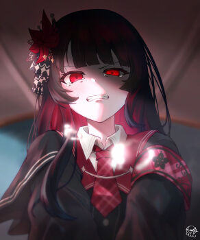 Rule 34 | 1girl, absurdres, armband, black hair, black shirt, closed mouth, commentary request, crying, crying with eyes open, female pov, flower, hair flower, hair ornament, highres, long hair, looking at viewer, mahou shoujo no majo saiban, mutsuki (mutsuki0110), nail polish, necktie, nikaido hiro, open mouth, pov, red eyes, red hair, red necktie, shade, shirt, tears