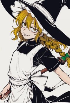 1girl apron black_dress blonde_hair braid broom dress frilled_apron frilled_hat frills grin hat kirisame_marisa looking_at_viewer open_mouth ryoan_(voyagehermitage) short_sleeves smile solo standing teeth touhou white_background witch_hat yellow_eyes