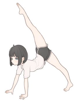 1girl 1ssakawaguchi absurdres barefoot black_hair bob_cut brown_hair dolphin_shorts flexible full_body grey_eyes highres ichika_(1ssakawaguchi) legs original shirt short_hair short_shorts short_sleeves shorts simple_background solo split stretching t-shirt thighs white_background white_shirt