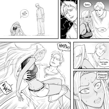 Rule 34 | 1boy, 1girl, absurdres, barefoot, bb (baalbuddy), blush, breasts, brother and sister, brother and step-sister, carrying, cleavage, crop top, dark-skinned female, dark elf, dark skin, dolphin shorts, elf, english text, highres, hugging own legs, left-to-right manga, long hair, original, pointy ears, princess carry, shorts, siblings, speech bubble, step-brother and step-sister, step-siblings, surprised, willford diccard, zana (dark elf stepsister)