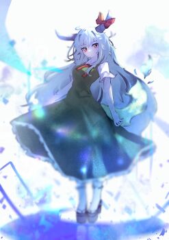 Rule 34 | 1girl, :/, absurdres, ahoge, bow, commentary, dress, ex-keine, expressionless, getsurai, green dress, grey hair, highres, horn bow, horn ornament, horns, kamishirasawa keine, long hair, looking at viewer, pinafore dress, platform sandals, red bow, red eyes, sandals, shirt, short hair, sleeveless, sleeveless dress, socks, solo, touhou, very long hair, white shirt, white socks