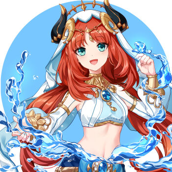 1girl :d aqua_eyes blue_background blue_nails breasts brooch cen_(cenll) commentary_request crop_top detached_sleeves floating_hair genshin_impact highres horns hydrokinesis jewelry long_hair long_sleeves looking_at_viewer low_twintails medium_breasts midriff navel nilou_(genshin_impact) open_mouth outdoors red_hair smile solo stomach twintails upper_body veil very_long_hair water white_veil