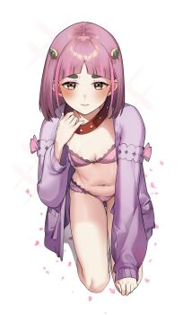 1girl 3: absurdres animal_collar arched_bangs blush bob_cut bow bra breasts breasts_apart closed_mouth collar eredhen fanged_bangs full_body gluteal_fold hair_ornament hand_up highres jacket kneeling lace lace-trimmed_bra lace_trim lacey_(pokemon) lingerie long_sleeves looking_at_viewer middle_part mismatched_eyebrows multicolored_hair navel nintendo open_clothes open_jacket panties petals pink_bow pink_bra pink_hair pink_panties pink_petals pink_streaks pocket pokemon purple_jacket red_collar shiny_skin short_hair simple_background sleeve_bow small_breasts solo stomach streaked_hair thick_eyebrows thigh_gap thighs thong two-tone_hair underwear white_background yellow_eyes