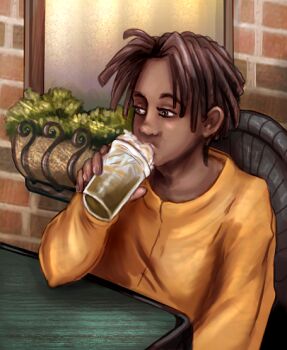 1boy black_hair brown_eyes cup dark_skin dc_comics drinking dreadlocks male_focus orange_shirt shirt sitting solo static_shock table virgil_ovid_hawkins