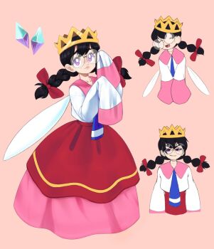 Rule 34 | 1girl, black hair, bow, braid, crown, crystal, evil smile, fairy, fairy wings, freckles, glasses, hair bow, highres, kirby (series), kirby 64, long hair, low twin braids, moonie (mbeams3), multiple views, nintendo, pink background, pink skirt, purple eyes, red bow, ripple star queen, simple background, skirt, sleeves past fingers, sleeves past wrists, smile, twin braids, wings