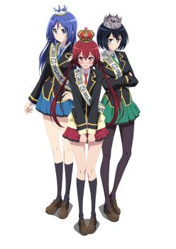 3girls absurdres black_eyes black_hair black_jacket black_socks blue_eyes blue_hair blue_neckwear blue_skirt blush crossed_arms crown full_body green_neckwear hair_between_eyes hair_ribbon hand_on_own_hip highres jacket joukamachi_no_dandelion kneehighs long_hair looking_at_viewer miniskirt multiple_girls necktie open_mouth pantyhose pleated_skirt red_eyes red_hair red_neckwear red_skirt ribbon sakurada_akane sakurada_aoi sakurada_kanade shirt short_hair siblings simple_background sisters skirt skirt_tug smile socks standing sweater twintails very_long_hair white_background white_ribbon white_shirt