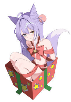 1girl :3 absurdres ahoge armpit_crease blue_eyes bow box brown_eyes closed_mouth commentary_request cone_hair_bun double-parted_bangs double_bun fox_girl fox_tail full_body hair_bun hair_ornament hair_rings heterochromia highres in_box in_container knees_up korean_commentary long_hair looking_at_viewer midriff naked_ribbon navel pom_pom_(clothes) pom_pom_hair_ornament purple_hair red_bow red_ribbon ribbon simple_background sitting solo star_(symbol) star_print stellive straight_hair tail tenko_shibuki virtual_youtuber white_background yt9676