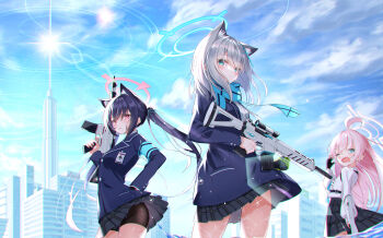 3girls absurdres animal_ear_fluff animal_ears assault_rifle black_gloves black_hair black_shorts black_skirt blue_archive blue_eyes blue_halo blue_jacket blue_necktie blue_scarf blue_sky blush cat_ears cat_girl city closed_mouth commentary_request fingerless_gloves gloves grey_hair gun halo hand_on_own_hip highres holding holding_gun holding_weapon hoshino_(blue_archive) jacket looking_at_another looking_at_viewer multiple_girls necktie one_eye_closed open_clothes open_jacket open_mouth pink_eyes pink_halo plaid_clothes plaid_skirt pleated_skirt rifle scarf serika_(blue_archive) shiroko_(blue_archive) shirt short_hair shorts shorts_under_skirt simito_dayo skirt sky weapon white_shirt wolf_ears wolf_girl