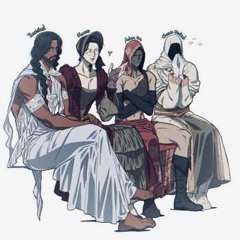 Rule 34 | 4boys, ^ ^, ashen one (dark souls), barefoot, beard, black-framed eyewear, black footwear, black gloves, black hair, bloodborne, boots, braid, brown eyes, chosen undead, cloak, closed eyes, commentary request, company connection, crossdressing, crossdressing (mtf), crossed arms, crossed legs, dark-skinned male, dark skin, dark souls (series), dark souls i, dark souls iii, dress, elbow gloves, elden ring, english text, facial hair, facing viewer, flying sweatdrops, full body, gloves, hands on own leg, heart, highres, hood, hood up, hooded cloak, hunter (bloodborne), long hair, male focus, mature male, multiple boys, nayaman, own hands together, round eyewear, sideways glance, simple background, sitting, stubble, tarnished (elden ring), toes, toned, toned male, twin braids, white background, white dress, white footwear, white gloves