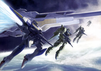 army beam_cannon beam_rifle earth_(planet) earth_federation energy_gun energy_wings fleet gun_blastor gundam gundam_perfect_file highres in_orbit magazine_scan mecha mecha_focus military_vehicle mobile_suit morishita_naochika no_humans painting_(medium) planet realistic robot scan scene_reference science_fiction space spacecraft thrusters traditional_media v-fin v2_gundam victory_gundam weapon zero_gravity