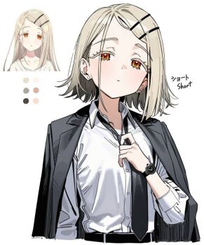 Rule 34 | 1girl, adjusting clothes, adjusting necktie, alternate hairstyle, am 0410, black jacket, black necktie, blonde hair, closed mouth, collared shirt, colored eyelashes, cropped torso, dress shirt, earrings, flipped hair, gakuen idolmaster, gradient hair, grey hair, hand up, hashtag-only commentary, highres, idolmaster, jacket, jacket on shoulders, jewelry, long sleeves, looking at viewer, loose necktie, medium hair, multicolored hair, necktie, official art inset, open collar, orange eyes, shinosawa hiro, shirt, simple background, stud earrings, suit jacket, upper body, watch, white background, white shirt, wristwatch