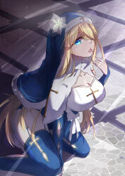 Rule 34 | 1girl, absurdres, blonde hair, blue eyes, blue hat, blue thighhighs, breasts, capelet, chinese commentary, cleavage, cobblestone, coif, commentary request, cross, cum, cum in mouth, cum on hands, dress, feet out of frame, flower, garter straps, habit, hair between eyes, hair over one eye, hat, hat flower, highres, kitahara lily, kneeling, large breasts, light rays, long bangs, long hair, looking at viewer, mahjong soul, mole, mole under eye, nun, open mouth, sanzen rakusetsu chu, sidelocks, solo, sunbeam, sunlight, thighhighs, tongue, tongue out, very long hair, white capelet, white dress, white flower