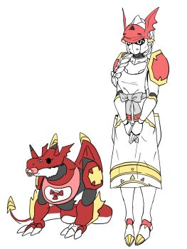 apron armor braid commentary_request digimoji digimon digimon_(creature) digital_hazard dukemon full_body genderswap genderswap_(mtf) helmet highres knight manchi_kansuke megidramon mother_and_son no_humans shoulder_armor side_braid simple_background white_armor white_hair white_helmet yellow_eyes