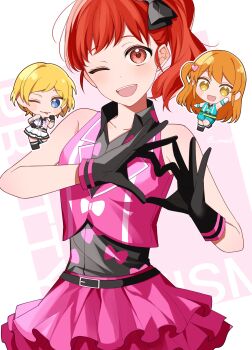 3girls ;p amamiya_rizumu arm_up bare_arms bare_shoulders belt belt_buckle black_belt black_boots black_bow black_gloves black_shirt blonde_hair blue_eyes blue_shorts blue_vest boots bow bow_print buckle chibi closed_mouth collarbone collared_shirt collared_vest dot_nose eyelashes frilled_skirt frills gloves hair_bow hair_ornament hand_on_own_cheek hand_on_own_chest hand_on_own_face happy harune_aira hashtag-only_commentary heart heart_hair_ornament heart_hands highres idol knee_boots lapels light_blush long_hair miniskirt moka_(ymae0) multiple_girls notched_lapels one_eye_closed one_side_up open_mouth orange_hair outline pink_background pink_skirt pink_vest pocket ponytail pretty_rhythm pretty_rhythm_aurora_dream pretty_rhythm_dear_my_future pretty_series red_eyes red_hair shirt short_hair short_ponytail shorts side_ponytail skirt skirt_set sleeveless sleeveless_shirt smile solo_focus star_(symbol) star_print straight_hair striped_clothes striped_vest takamine_mion teeth tongue tongue_out twitter_username two-tone_background upper_teeth_only v-neck vertical-striped_clothes vertical-striped_vest very_long_hair vest white_background white_gloves white_outline white_shirt white_skirt white_vest yellow_belt yellow_eyes