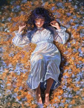 1girl barefoot dress flower full_body hand_up highres long_hair long_sleeves looking_at_viewer original purple_hair shadow smile solo white_dress yuma_sight