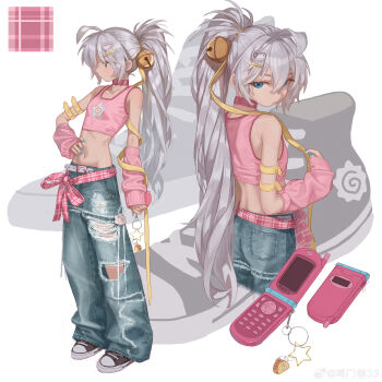 1girl :/ absurdres ahoge arm_warmers ass baggy_pants bell belt blue_eyes blue_hair cellphone chinese_commentary closed_mouth commentary_request crop_top cropped_shirt dark_skin denim double-parted_bangs flat_ass flip_phone hair_bell hair_between_eyes hair_ornament hairclip hand_on_own_hip heart_hair_ornament highres jeans jingle_bell long_bangs long_hair looking_at_viewer looking_back multiple_views naruto_maki_(naruto05) original pants phone pink_arm_warmers pink_ribbon pink_shirt plaid_ribbon ponytail ribbon shirt sleeveless sleeveless_shirt toned toned_female torn_clothes torn_jeans torn_pants very_long_hair white_background white_belt white_hair