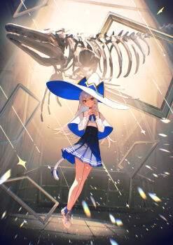 1girl animal_hat backlighting bare_legs black_choker blue_bow blue_bowtie blue_ribbon blue_skirt bow bowtie brown_eyes capelet choker commentary_request fish_skeleton full_body grey_hair hat high-waist_skirt highres light_particles long_hair long_sleeves looking_at_viewer original own_hands_together parted_lips picture_frame pleated_skirt ribbon shirt shoes skirt solo tail tail_ornament tail_ribbon very_long_hair white_capelet white_hat white_shirt white_shoes witch_hat xyunx