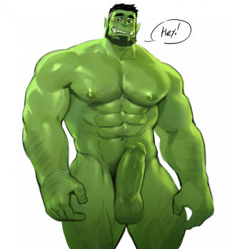 1boy bara beard blush colored_skin completely_nude dopey_(dopq) english_text erection facial_hair feet_out_of_frame full_beard girthy_penis green_skin hairy highres large_pectorals looking_at_viewer male_focus mature_male monster_boy muscular muscular_legs muscular_male nipples nude orc original paid_reward_available pectorals penis pointy_ears short_hair solo sparse_arm_hair sparse_chest_hair speech_bubble standing strongman_waist thick_beard thick_eyebrows thighs thighs_together tusks uncensored undercut