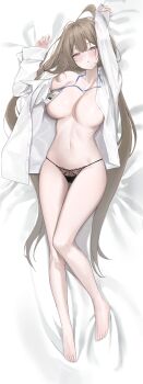 1girl absurdres arms_up bare_legs bare_shoulders barefoot black_panties blush breasts brown_eyes brown_hair chestnut_mouth collared_shirt commentary double-parted_bangs dress_shirt full_body highres id_card incredibly_absurdres laneigu lanyard large_breasts legs long_hair long_sleeves looking_at_viewer lying mole mole_under_eye narrowed_eyes navel no_bra no_pants office_lady on_back open_clothes open_shirt original panties parted_lips shirt sleeves_past_wrists solo stomach toenails toes underwear very_long_hair white_shirt yuzu_(laneigu)